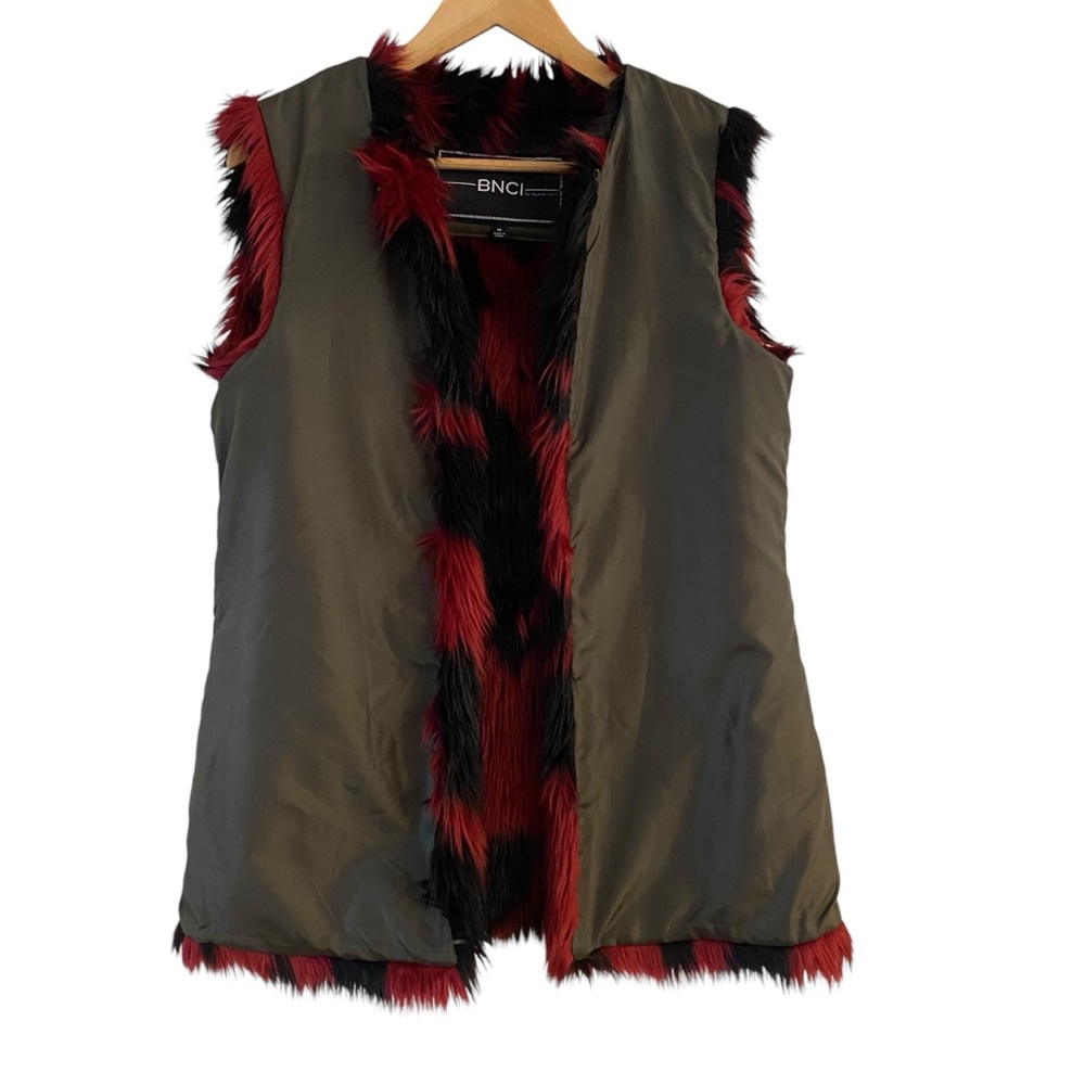 BNCI Vest Olive Green Faux Fur Lining Open Front Women’s Size Medium Blanc Noir